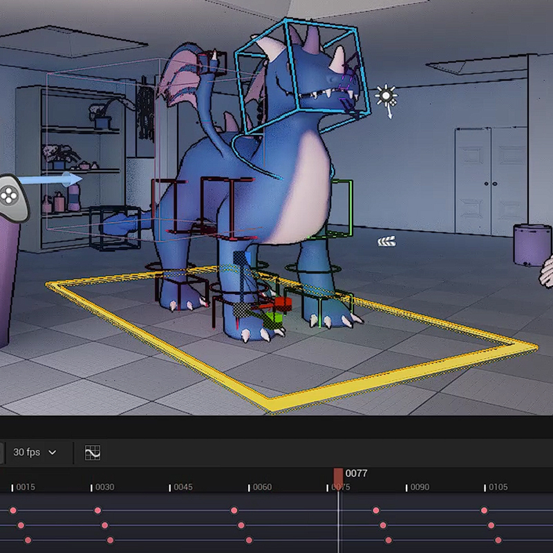 Image of a dragon with rigging and animation timeline